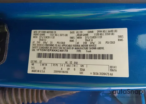 2019 Ford F-150 Xl from USA, damaged, VIN 1FTEW1EPXKKC48179